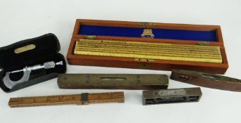 CASED SET OF NEGRETTI & ZAMBRA RULERS, three vintage spirit levels, wooden measure and a cased