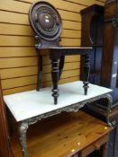 OAK CIRCLE BACK HALL CHAIR, together with an alabaster top and gilt metal framed coffee table