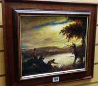 BRIAN WILLIAMS local Cardiff artist, oil on board - fisher man on riverbank at dusk, Signed, 24 x