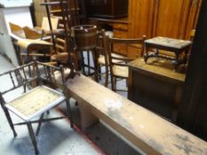 FURNITURE to include a long narrow pine painted bench, 192cms long, rocking chair, cake stand,