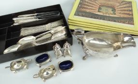 SILVER PLATE to include various condiments, flatware including forks, knives and spoons, sauce boat,