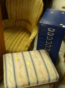 BEDROOM STYLE CHAIR, upholstered stool and blue metal Bisley filing cabinet