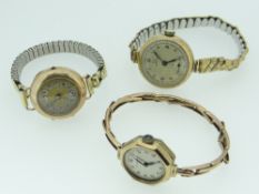 THREE 9CT YELLOW GOLD LADIES WRISTWATCHES the face of one marked 'Omega' (3)