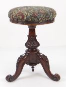 ANTIQUE ADJUSTABLE CIRCULAR STOOL on decoratively carved three legged base