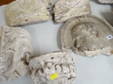 FIVE VICTORIAN PLASTER MAQUETTES, angels wings, a roundel, a man's head, architectural pieces. (5 in