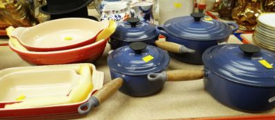 LE CREUSET COOKWARE in blue enamel including saucepans, oven dishes ETC