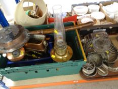 VARIOUS METALWARE including copper warming pan, planter, brass candlesticks, EPNS entree dish, table