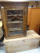 ANTIQUE OAK ASTRAGAL LAZED HANGING CORNER CUPBOARD, together with a pine blanket chest, 115 x 53cms