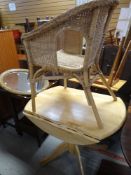 MODERN DROP LEAF PINE EFFECT KITCHEN TABLE, together with a wicker chair