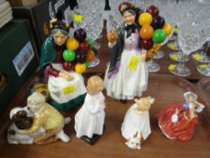 ROYAL DOULTON FIGURES, 'The Old Balloon Seller', 'Biddy Penny Farthing', 'Bedtime', 'Sit', ETC (6 in