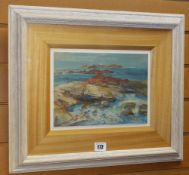 AUDREY HIND oil on board - Anglesey coastal scene, entitled verso 'Skerries', signed, 20 x 25cms
