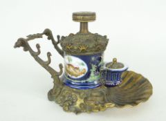 19TH CENTURY FRENCH GILT METAL & PORCELAIN PUMP ACTION INKWELL the finial engraved 'Encrier Pompe