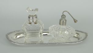 SILVER OBLONG TRAY, Birmingham hallmarks, together with silver collared glass scent bottle and