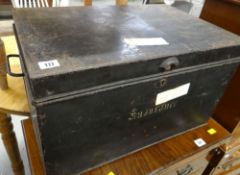 VINTAGE BLACK METAL PAINTED DOCUMENT CHEST with carry handles inscribed 'Insurance' Provenance: S
