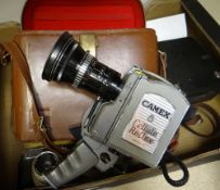 VINTAGE CASED CAMEX CINE CAMERA, a vintage Brownie camera, and a Halina 35mm camera, and another