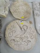 TWO VICTORIAN PLASTER MOULDS, one with a pelican, the other of leaves, in semi-circular form, 31 x