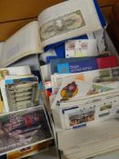 BOX CONTAINING STAMP ALBUMS, first day covers, postcards ETC