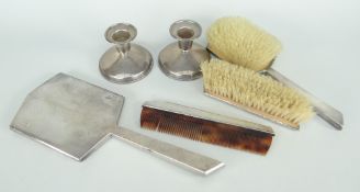 MATCHED SILVER & SILVER PLATE ART DECO DESIGN LADIES VANITY SET comprising mirror, brushes, comb,