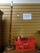 WOODEN STANDARD LAMP, together with a crate of mixed lighting including storm lamps ETC