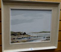 A TRELL oil on board - Anglesey coastal scene with boats and buildings, entitled verso 'Near Morfa