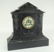 VICTORIAN SLATE CLOCK of architectural form with flanking caryatid to a circular dial bearing