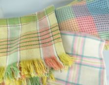 TWO WELSH WOOLEN BLANKETS check patterned, one mainly pink and white, the other green and yellow