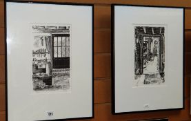 SALLY SEYMOUR pair of limited edition monochrome prints from an ink drawing - interior scene with