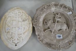 TWO VICTORIAN PLASTER MAQUETTES, an oval carved IHS, together with a roundel of a lamb holding a