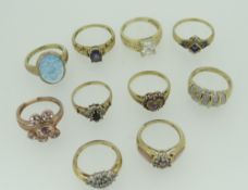 9CT GOLD STONE SET DRESS RINGS OF VARIOUS DESIGN including cluster, flower-head, some QVC 34.8 grams