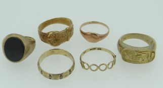 9CT GOLD RINGS OF VARIOUS DESIGNS to include buckle, symbolic, signet ETC 20.7 grams (6)