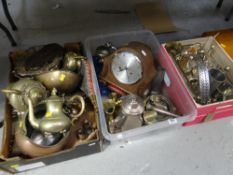 VARIOUS METALWARE including EPNS, copper, brass, a vintage oak Enfield dome topped mantel clock