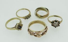 9CT GOLD RINGS OF VARIOUS DESIGNS to include Clogau, tri-colour, stone set ETC 15.2 grams (5)