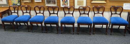SUPERB SET OF EIGHT VICTORIAN ROSEWOOD DINING CHAIRS with carved balloon backs and upholstered in