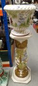 CONTINENTAL CERAMIC PLANTER & STAND decorated with mythological scenes and gilt acanthus leaf