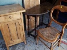 FURNITURE to include barley twist demi-lune hall table, pine bedside cupboard and rush seated chair