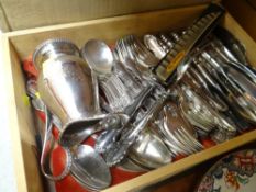 WOODEN BOX CONTAINING QUANTITY OF LOOSE EPNS FLATWARE including cake slice and a milk jug
