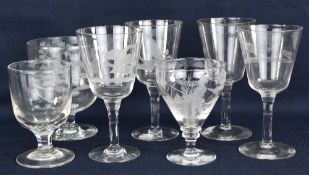 SIX VARIOUS ETCHED GLASS GOBLETS including a large bell shaped example with full etched fox