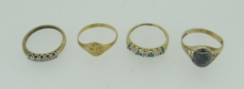 9CT GOLD DIAMOND AND EMERALD RING together with 18ct gold signet ring, yellow metal diamond set ring