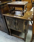 OAK CARVED TWO DRAWER POT-CUPBOARD, together with small carved oak stool