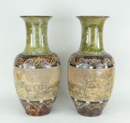 PAIR OF DOULTON LAMBETH VASES of baluster form with flared necks, mottled green and brown glaze