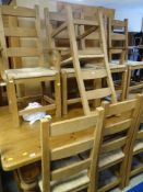 SUBSTANTIAL PINE TOP DINING TABLE, 213 x 117cms, together with a set of eight rush seated and ladder
