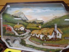 VINTAGE MAHOGANY FRAMED DIORAMA of mountains, cottages and mill wheel and stream, 58 x 89cms