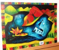 MODERN WELSH SCHOOL acrylic on card - Norwegian Church Cardiff Bay, with lettering to border,