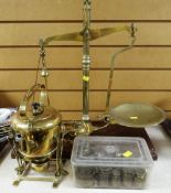 VINTAGE W&T AVERY LIMITED BIRMINGHAM BRASS COUNTER SCALES WITH WEIGHTS, together with a brass spirit
