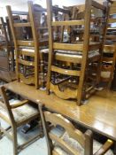 VINTAGE OAK REFECTORY STYLE TABLE, together with six (2+4) drop in cushion seated dining chairs, 152