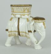 ROYAL WORCESTER PORCELAIN IVORY GLAZED DOMESTIC ELEPHANT MODEL, the howdah and dress picked out in