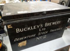 VINTAGE BLACK PAINTED METAL DOCUMENT CHEST with carry handles, inscribed 'For Buckley's Brewery
