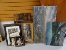VINTAGE PAINTING & PRINTS including two naive school oils on canvas