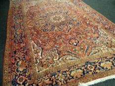 EXCELLENT LARGE PERSIAN WALL CARPET with intricate red ground and blue design, 405 x 285cms
