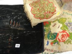 EARLY 20TH CENTURY BLACK VELVET CUSHION COVER painted with RMS Mauritania at sea during nighttime